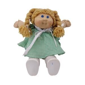 Cabbage Patch Kid CPK Doll Green Gingham Dress Blonde 1982